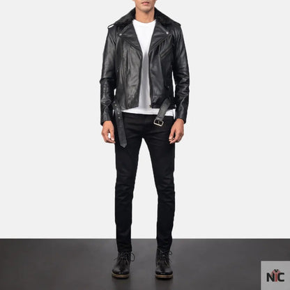 Furton Black Leather Biker Jacket
