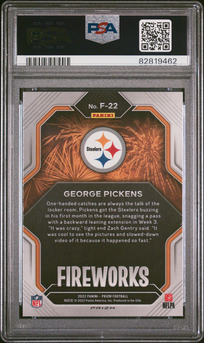 Graded 2022 Panini Prizm George Pickens #F22 Fireworks No Huddle Rookie RC Football Card PSA 10 Gem Mint