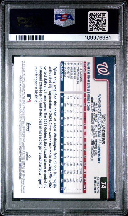 Graded 2025 Topps Dylan Crews #74 Rookie RC Baseball Card PSA 10 Gem Mint