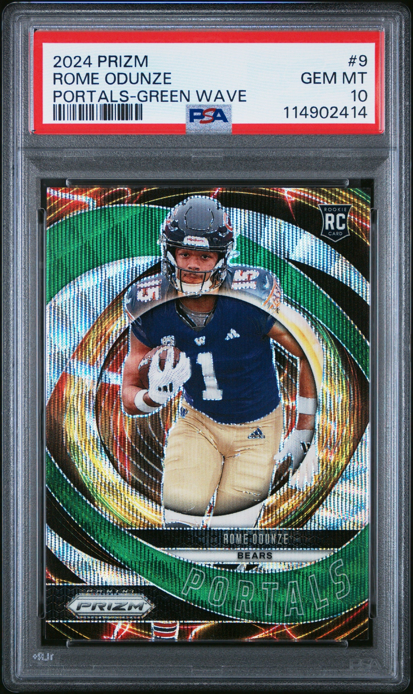Graded 2024 Panini Prizm Rome Odunze #9 Portals Green Wave Rookie RC Football Card PSA 10 Gem Mint