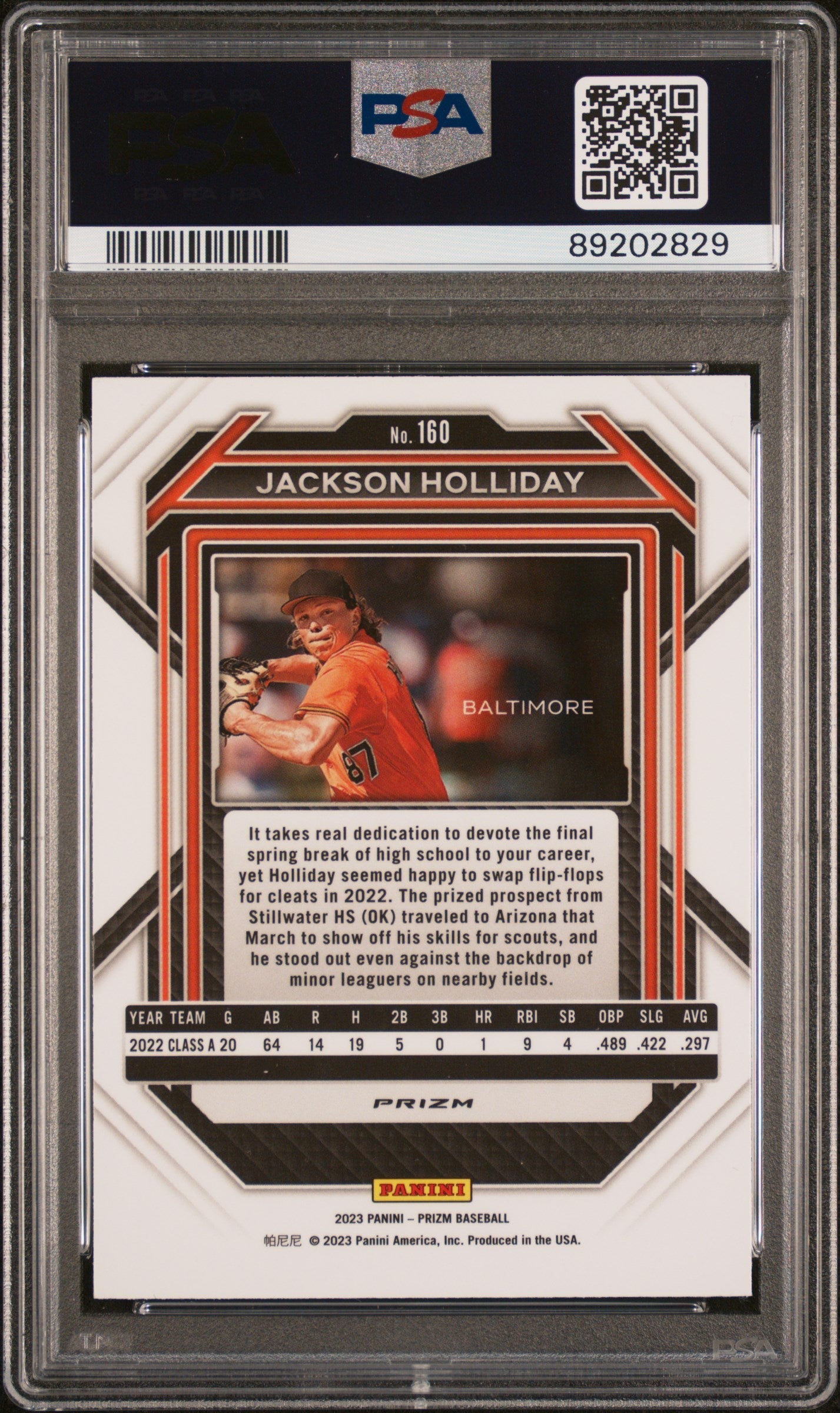 Graded 2023 Panini Prizm Jackson Holliday #160 Blue Ice Rookie RC Baseball Card PSA 10 Gem Mint