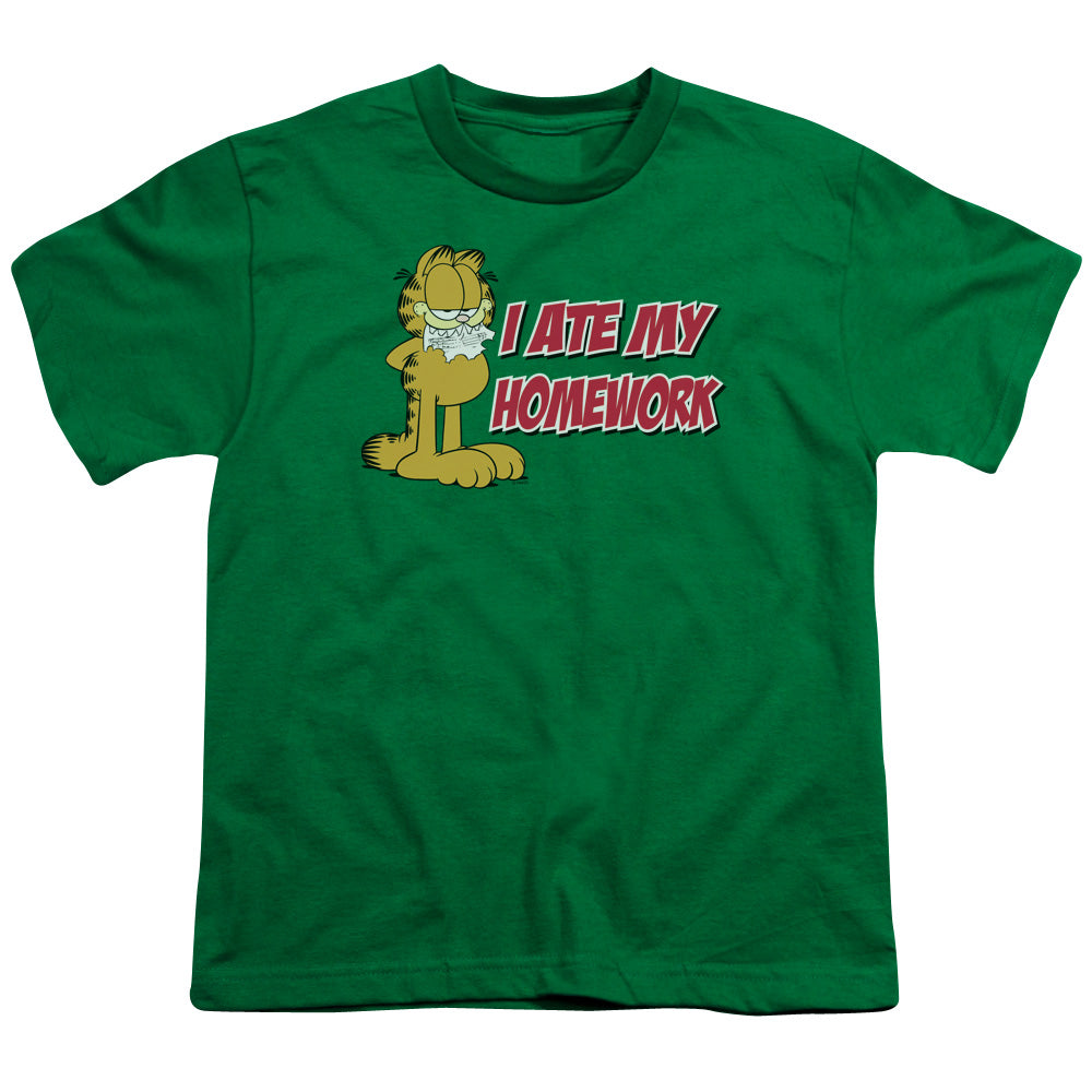 Garfield I Ate My Homework Kids Youth T Shirt Kelly Green