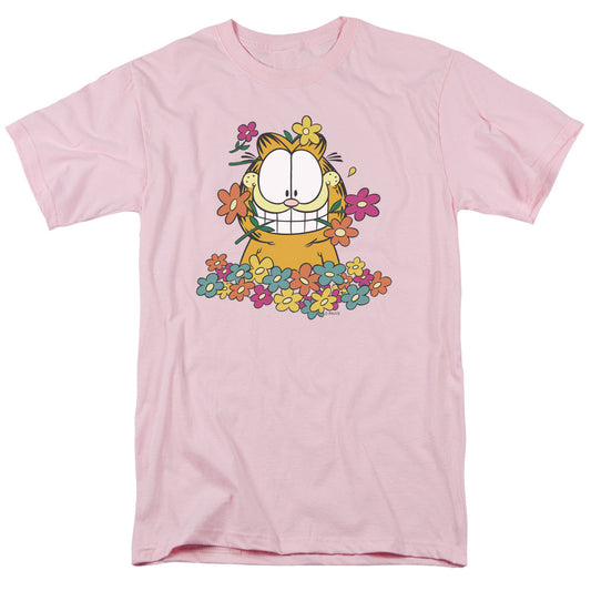 Garfield In The Garden Mens T Shirt Pink Officially Licensed