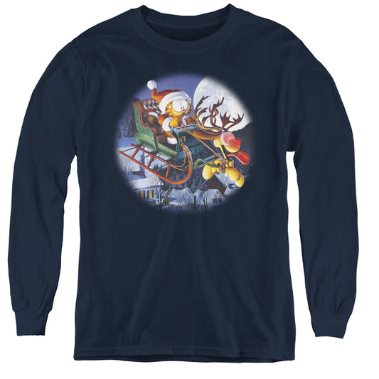 Garfield Moonlight Ride Long Sleeve Kids Youth T Shirt Navy