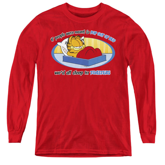 Garfield Pop Out of Bed Long Sleeve Kids Youth T Shirt Red