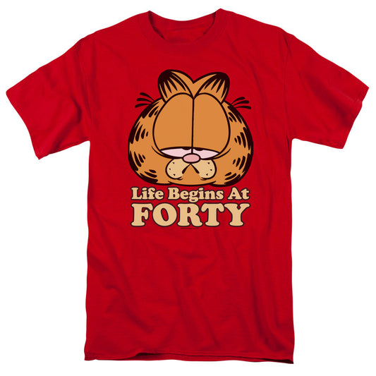 Garfield Life Begins At Forty Mens T Shirt Red Officially Licensed