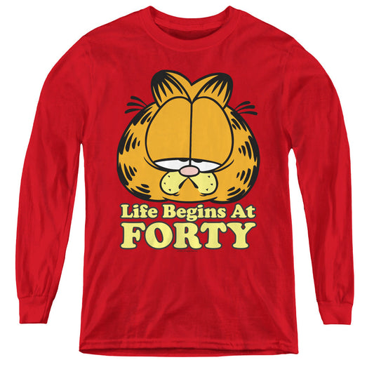 Garfield Life Begins at Forty Long Sleeve Kids Youth T Shirt Red