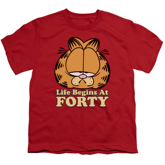 Garfield Life Begins at Forty Kids Youth T Shirt Red