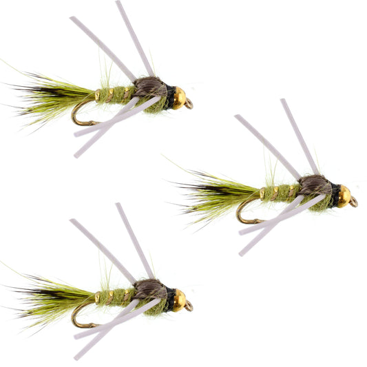 3 Pack Tungsten Bead Head Rubber Legs Olive Gold-Ribbed Hare's Ear Trout Fly Nymph - Hook Size 14