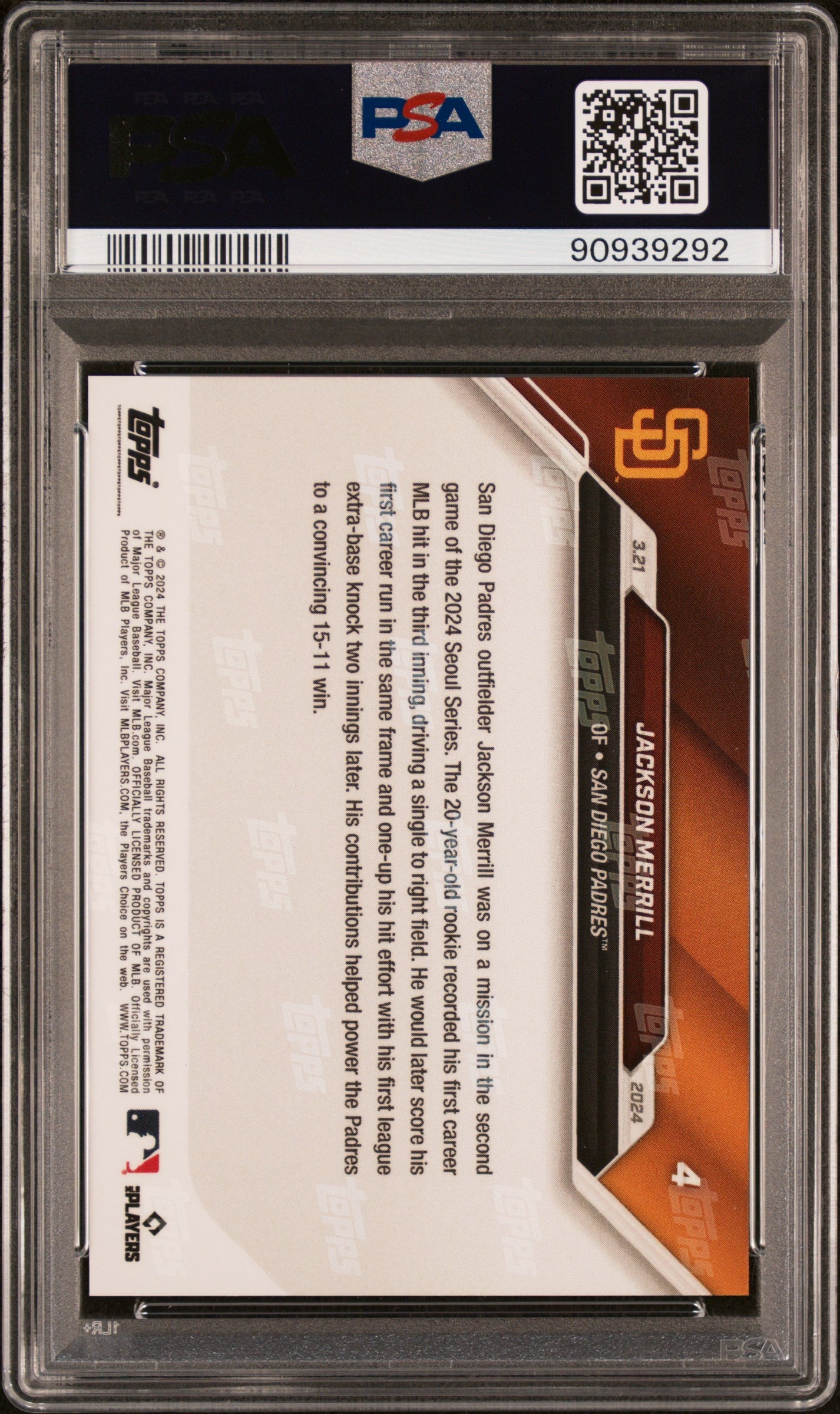 Graded 2024 Topps Now Jackson Merrill #4 Seoul Series Rookie RC Baseball Card PSA 10 Gem Mint