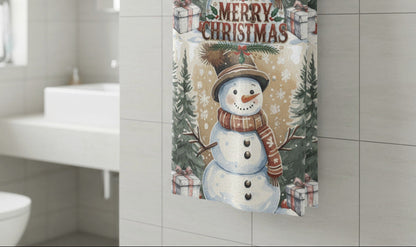 Happy Snowman Scene with Pine Trees Bath/Beach Towel