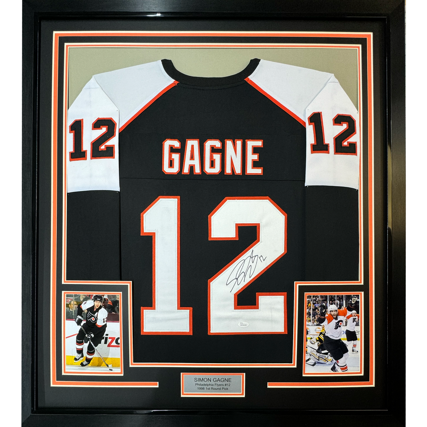 Framed Autographed/Signed Simon Gagne 35x39 Philadelphia Black Hockey Jersey JSA COA