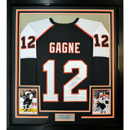 Framed Autographed/Signed Simon Gagne 35x39 Philadelphia Black Hockey Jersey JSA COA