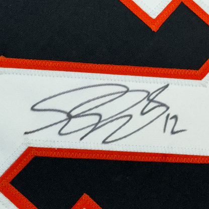 Framed Autographed/Signed Simon Gagne 35x39 Philadelphia Black Hockey Jersey JSA COA