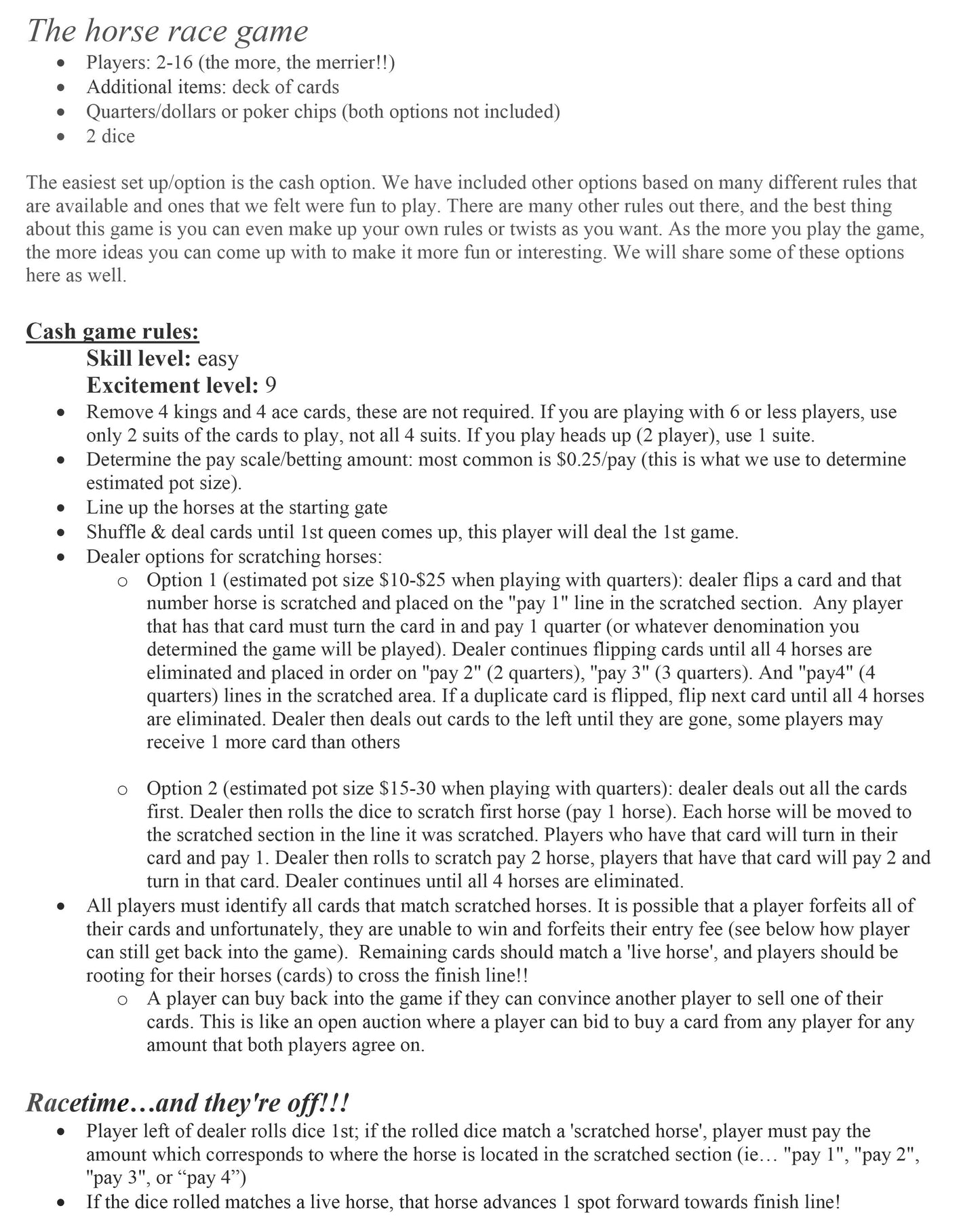Horse Race Rules with progressive jackpot option!