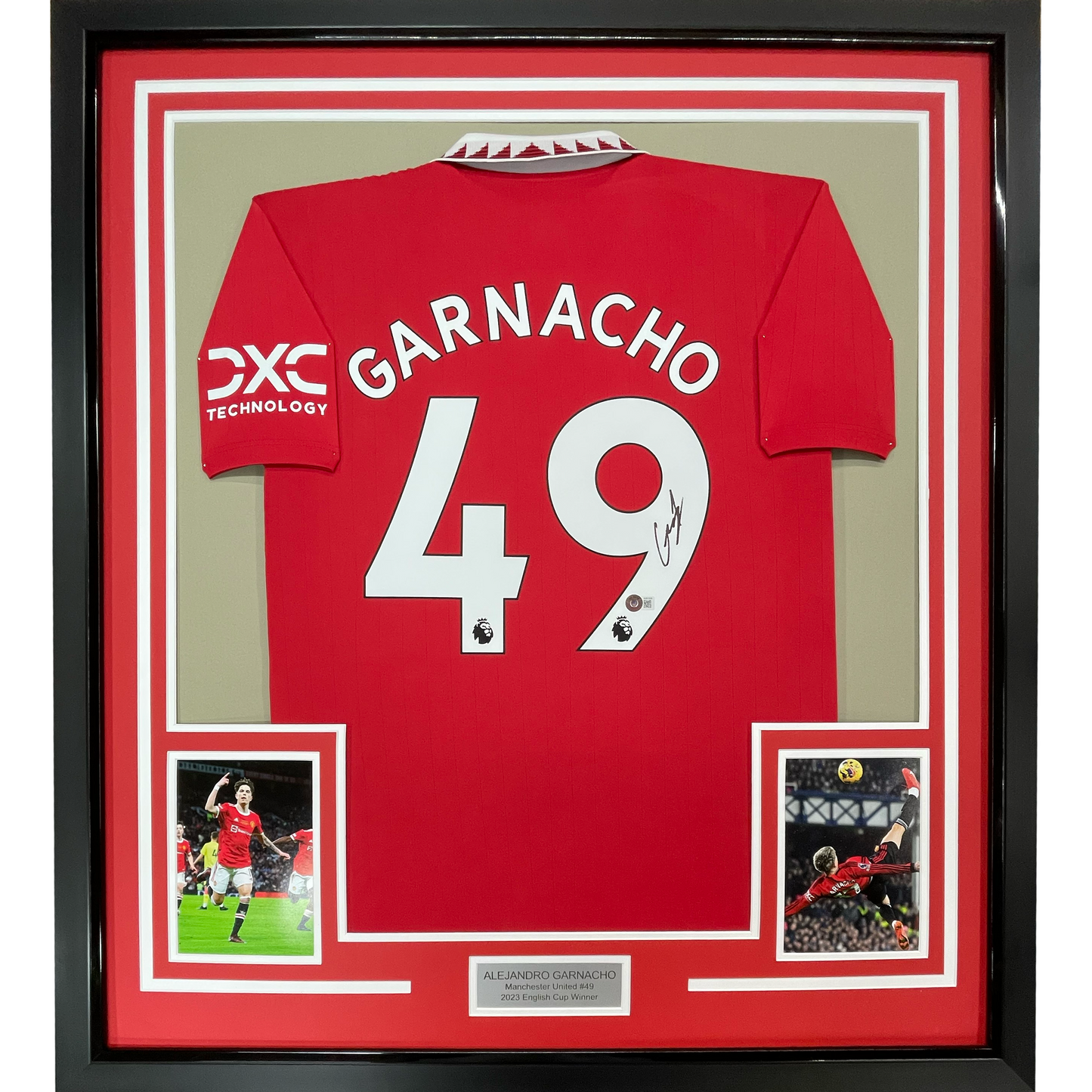 Framed Autographed/Signed Alejandro Garnacho 35x39 Manchester United Red Soccer Jersey Beckett BAS COA