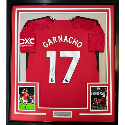 Framed Autographed/Signed Alejandro Garnacho 35x39 Manchester United Red Soccer Jersey Beckett BAS COA