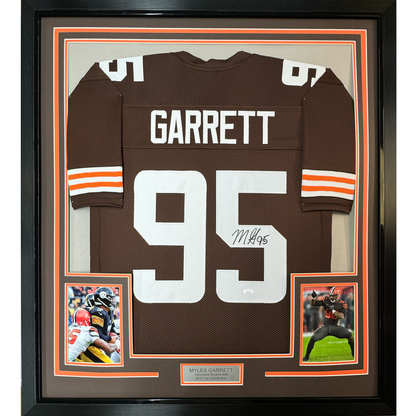 Framed Autographed/Signed Myles Garrett 35x39 Cleveland Brown Football Jersey JSA COA