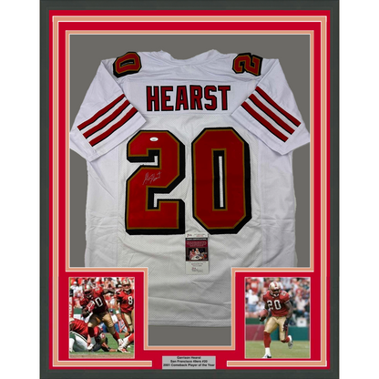 Framed Autographed/Signed Garrison Hearst 35x39 San Francisco White Football Jersey JSA COA