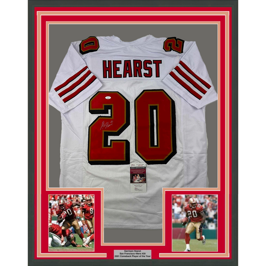 Framed Autographed/Signed Garrison Hearst 35x39 San Francisco White Football Jersey JSA COA