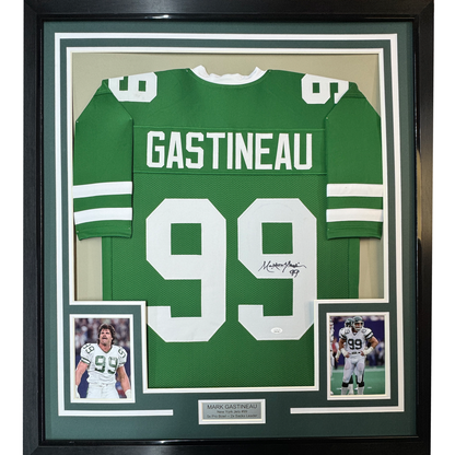 Framed Autographed/Signed Mark Gastineau 35x39 New York Green Football Jersey JSA COA