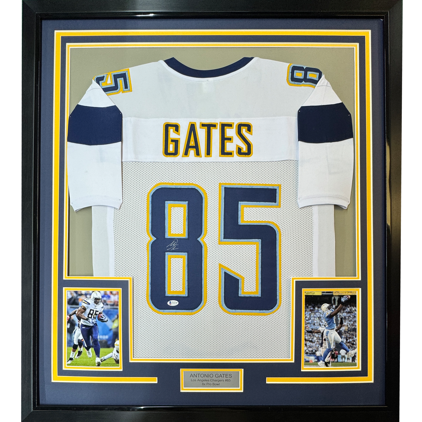 Framed Autographed/Signed Antonio Gates 35x39 Los Angeles LA White Football Jersey Beckett BAS COA
