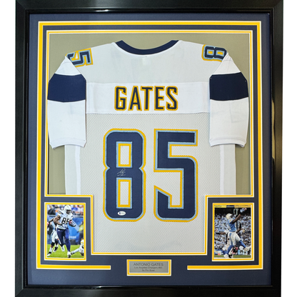 Framed Autographed/Signed Antonio Gates 35x39 Los Angeles LA White Football Jersey Beckett BAS COA