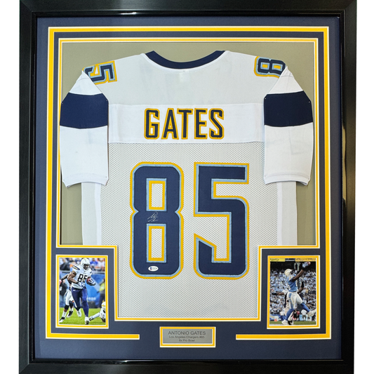 Framed Autographed/Signed Antonio Gates 35x39 Los Angeles LA White Football Jersey Beckett BAS COA
