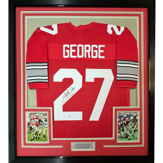 Framed Autographed/Signed Eddie George 35x39 Ohio State Red College Football Jersey JSA COA