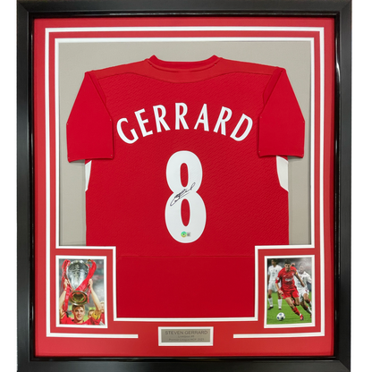 Framed Autographed/Signed Steven Gerrard 35x39 Liverpool Red Soccer Jersey Beckett BAS COA