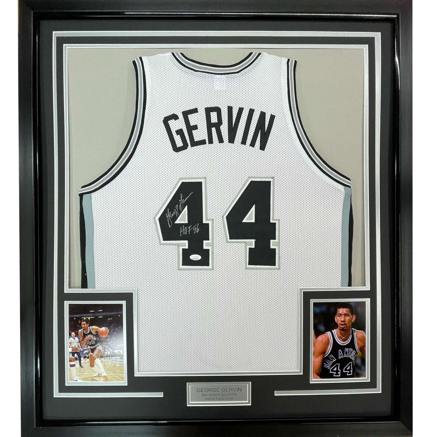 Framed Autographed/Signed George Gervin 35x39 HOF 96 San Antonio White Basketball Jersey JSA COA