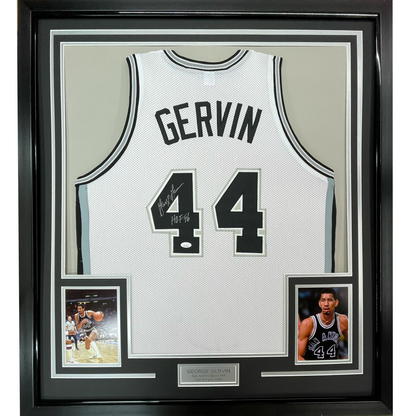Framed Autographed/Signed George Gervin 35x39 HOF 96 San Antonio White Basketball Jersey JSA COA