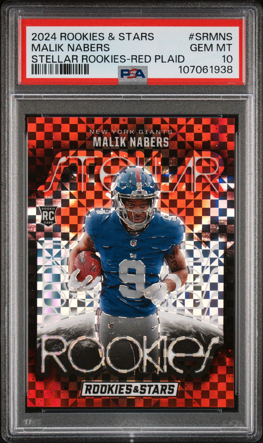 Graded 2024 Panini Rookies & Stars Malik Nabers #SRMNS Stellar Rookies Red Plaid Rookie RC Football Card PSA 10 Gem Mint