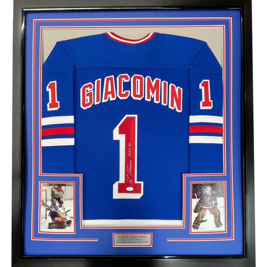 Framed Autographed/Signed Eddie Giacomin HOF 87 35x39 New York Blue Hockey Jersey JSA COA