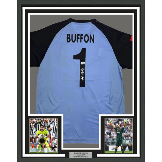 Framed Autographed/Signed Gianluigi Buffon 35x39 Juventus Blue Soccer Jersey Beckett BAS COA