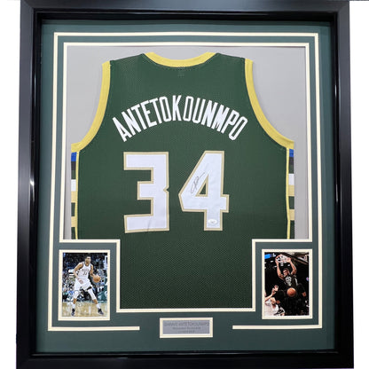 Framed Autographed/Signed Giannis Antetokounmpo 35x39 Milwaukee Green Custom Basketball Jersey JSA COA