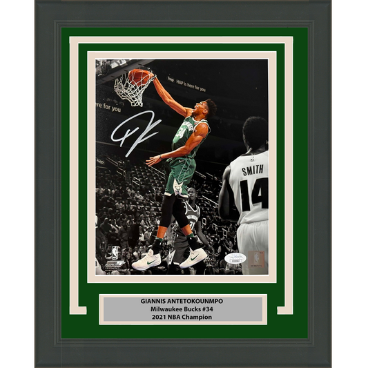 Framed Autographed/Signed Giannis Antetokounmpo Milwaukee Bucks 8x10 Basketball Photo JSA COA #9