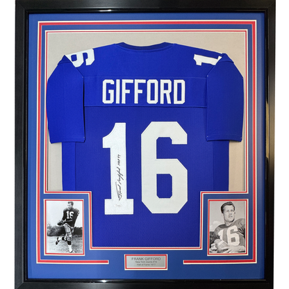 Framed Autographed/Signed Frank Gifford HOF 77 35x39 New York Blue Football Jersey JSA COA
