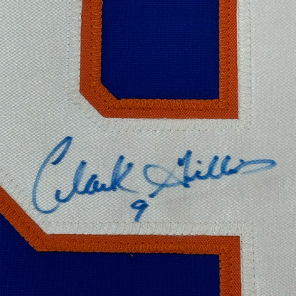 Framed Autographed/Signed Clark Gillies 35x39 New York Blue Hockey Jersey JSA COA