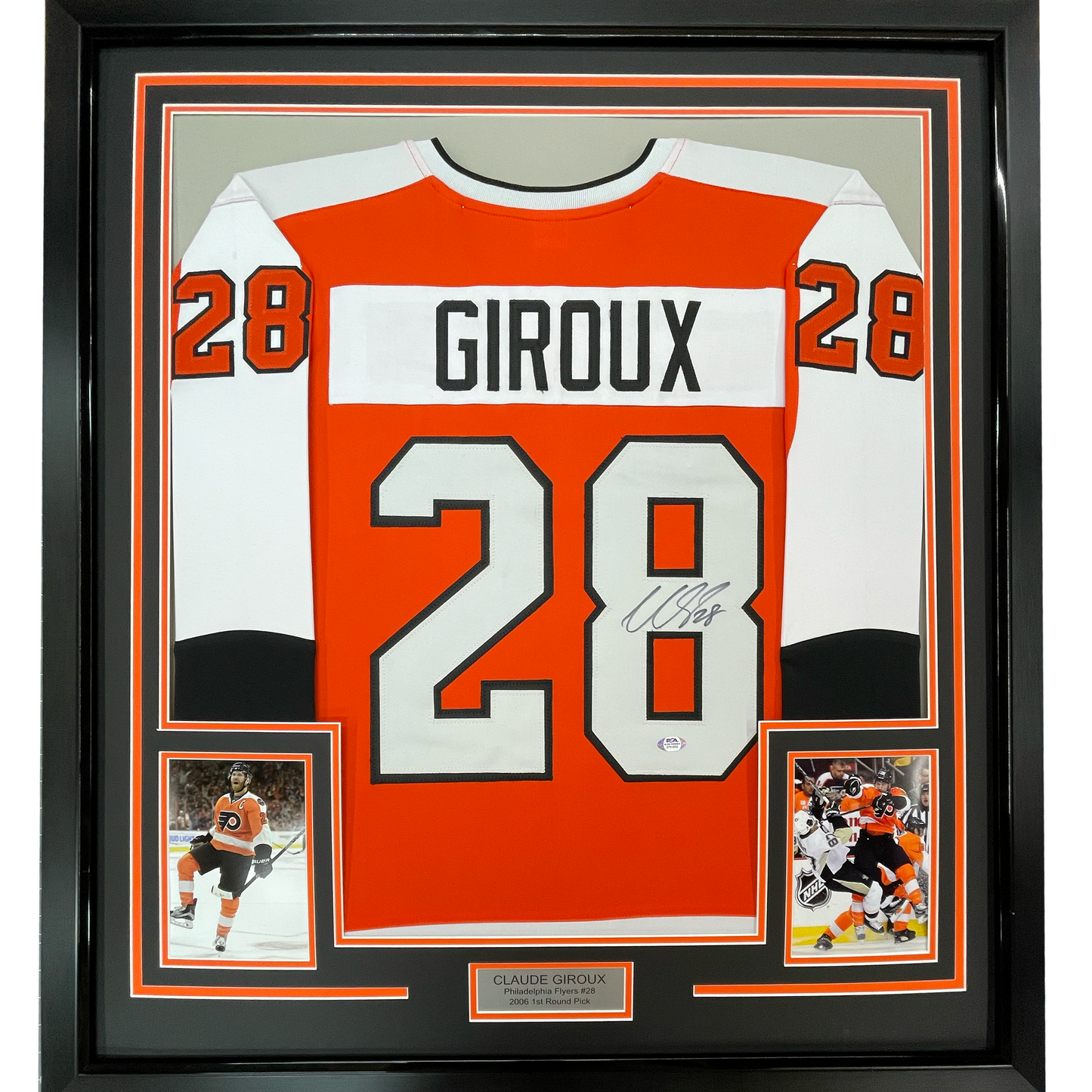Framed Autographed/Signed Claude Giroux 35x39 Philadelphia Orange Hockey Jersey JSA COA