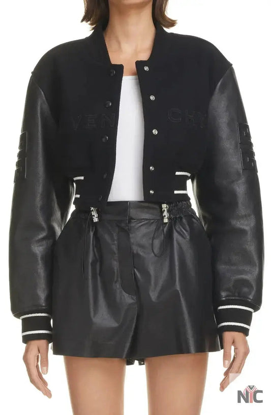 Givenchy Black Leather Sleeve Logo Crop Varsity Jacket