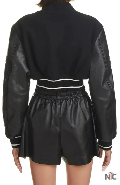 Givenchy Black Leather Sleeve Logo Crop Varsity Jacket