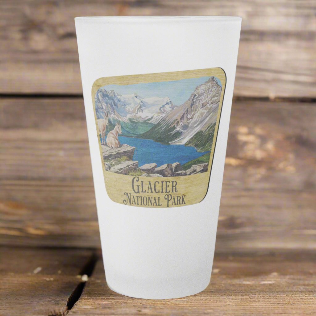 Glacier National Park Frosted Pint Glass Wood Sign Graphic