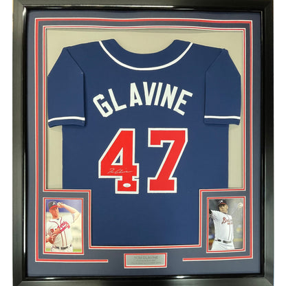 Framed Autographed/Signed Tom Glavine 35x39 Atlanta Blue Baseball Jersey JSA COA