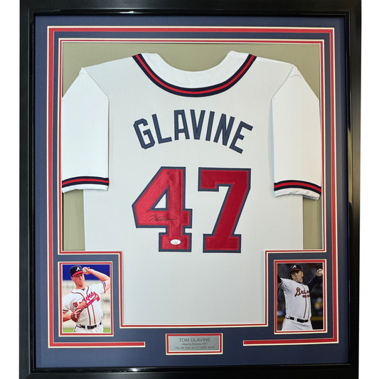 Framed Autographed/Signed Tom Glavine 35x39 Atlanta White Baseball Jersey JSA COA