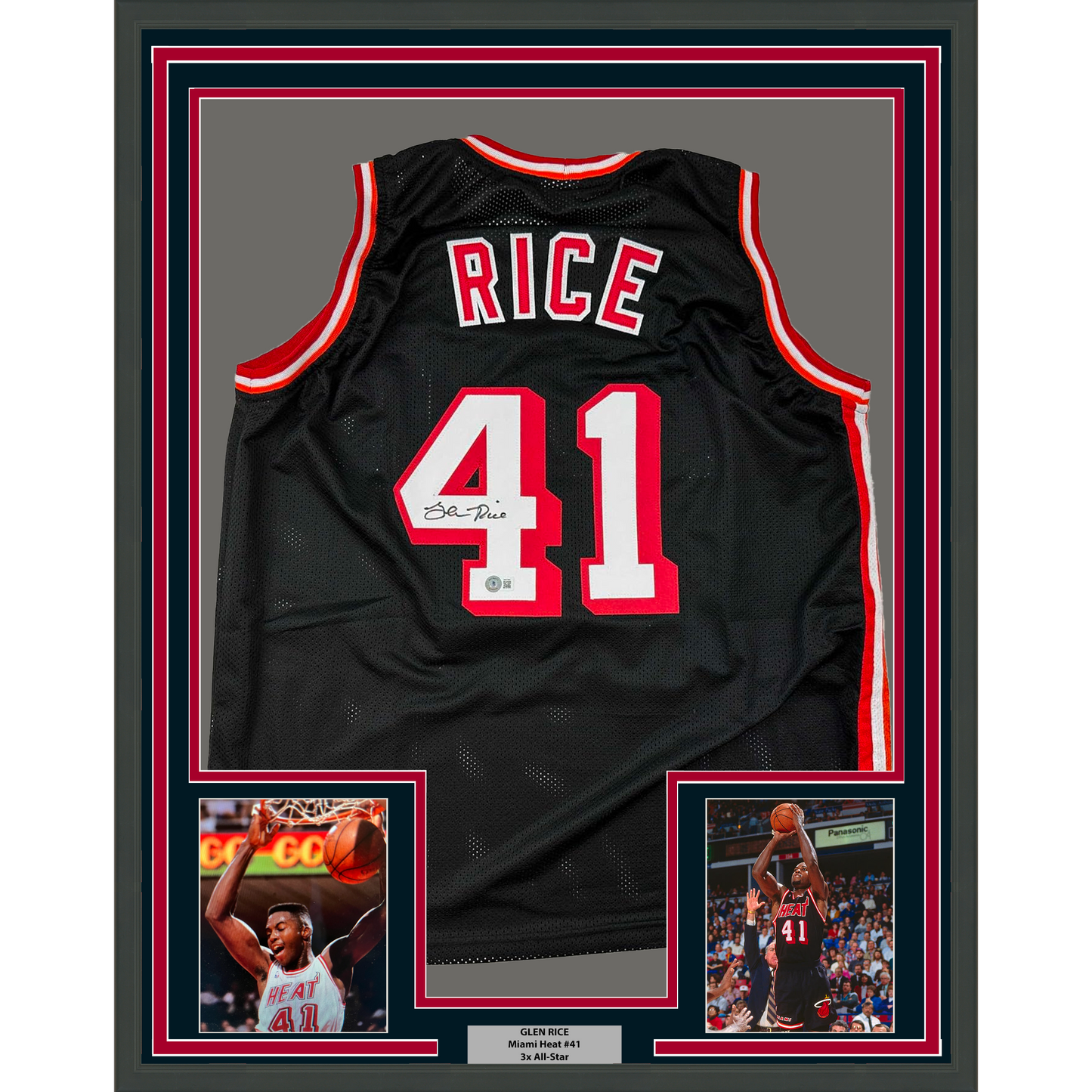Framed Autographed/Signed Glen Rice 35x39 Miami Black Basketball Jersey Beckett BAS COA