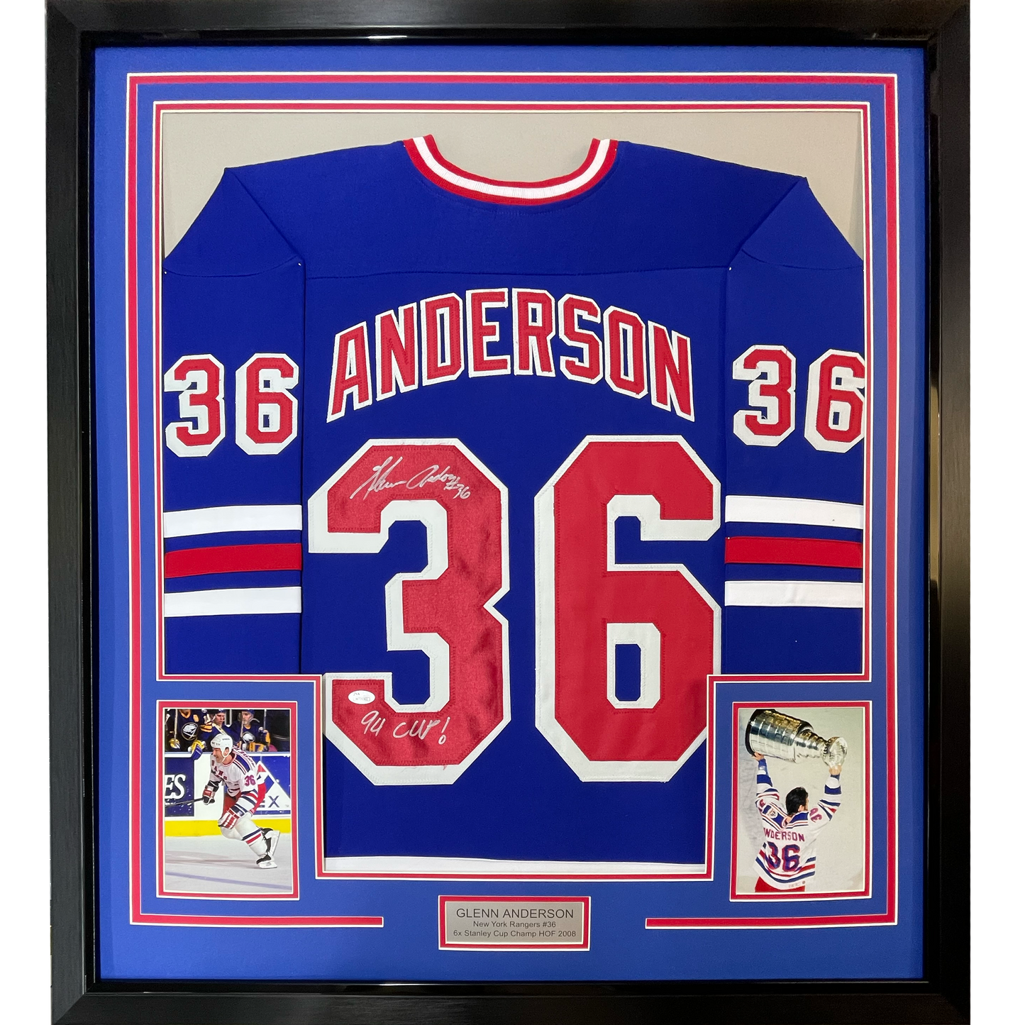Framed Autographed/Signed Glenn Anderson 94 SC Champs 35x39 New York Blue Hockey Jersey JSA COA