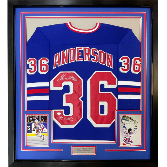 Framed Autographed/Signed Glenn Anderson 94 SC Champs 35x39 New York Blue Hockey Jersey JSA COA
