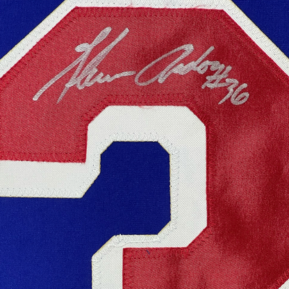 Framed Autographed/Signed Glenn Anderson 94 SC Champs 35x39 New York Blue Hockey Jersey JSA COA