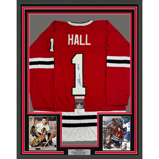 Framed Autographed/Signed Glenn Hall 35x39 Chicago Red Hockey Jersey JSA COA